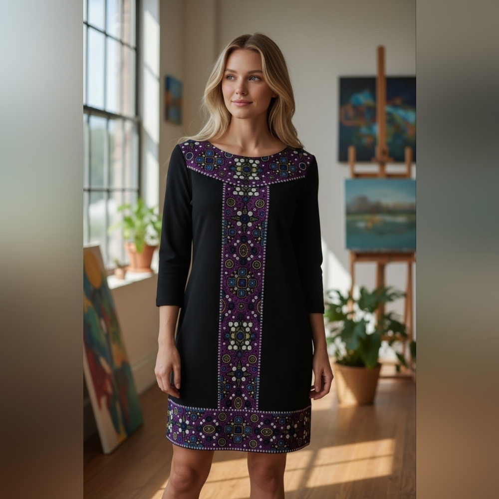 Tibi Jewel Panel Shift Dress Scuba Luxury Black Purple Mini